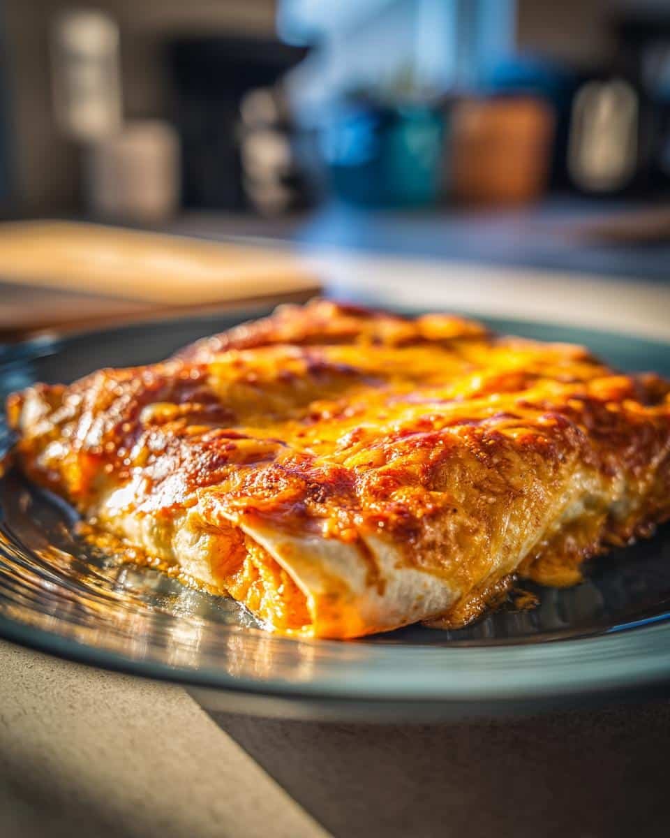 Fail-Proof Chicken Enchiladas Recipe in Under 1 Hour 6 Close-up of cheesy Chicken Enchiladas Recipe on a blue plate, ready to serve.