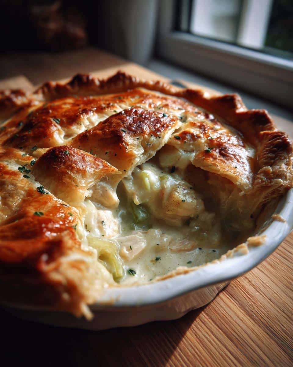 Irresistible Chicken and Leek Pie: Family's #1 Dish 6 Close-up of a delicious Chicken and Leek Pie with a flaky golden crust, revealing the creamy filling.