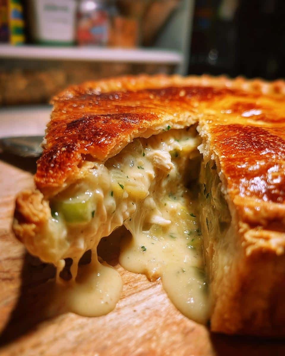 Irresistible Chicken and Leek Pie: Family's #1 Dish 9 A close-up of a slice of Chicken and Leek Pie with a creamy filling and golden crust.