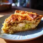 A delicious slice of Chicken and Leek Pie with a golden crust, served on a blue plate.
