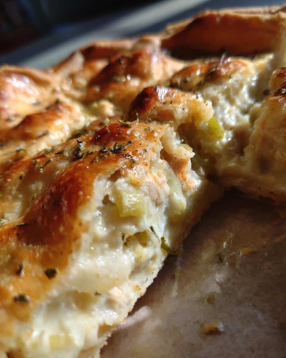 Irresistible Chicken and Leek Pie: Family's #1 Dish 7 Detailed close-up of a slice of Chicken and Leek Pie, showcasing the flaky crust and creamy filling.
