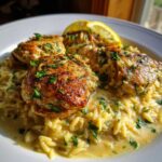 A plate of Chicken Thighs Creamy Lemon Garlic Orzo, garnished with parsley and a lemon wedge.