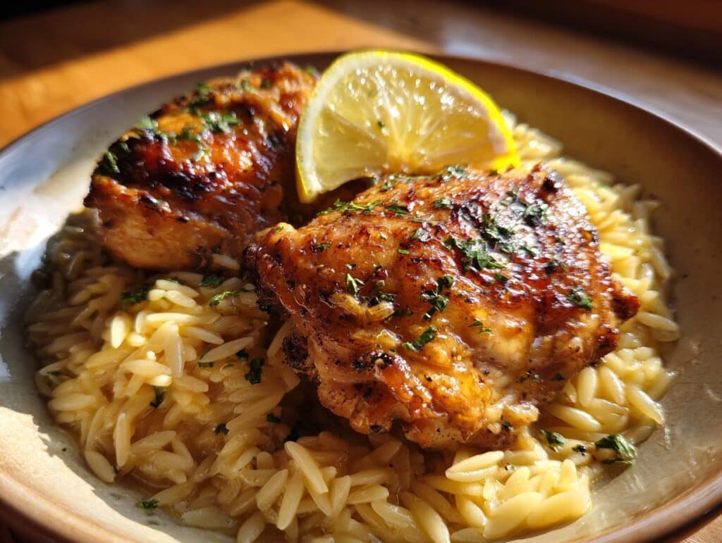 Bowl of Chicken Thighs Creamy Lemon Garlic Orzo garnished with lemon and herbs.