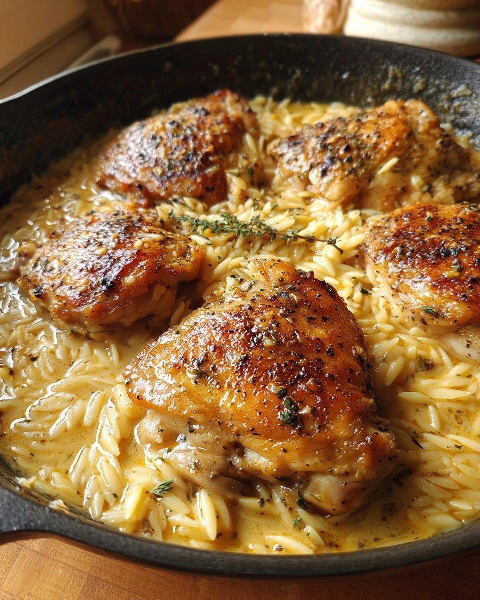 Chicken Thighs Creamy Lemon Garlic Orzo: 30-Minute Bliss 8 Skillet with Chicken Thighs Creamy Lemon Garlic Orzo, garnished with fresh herbs.