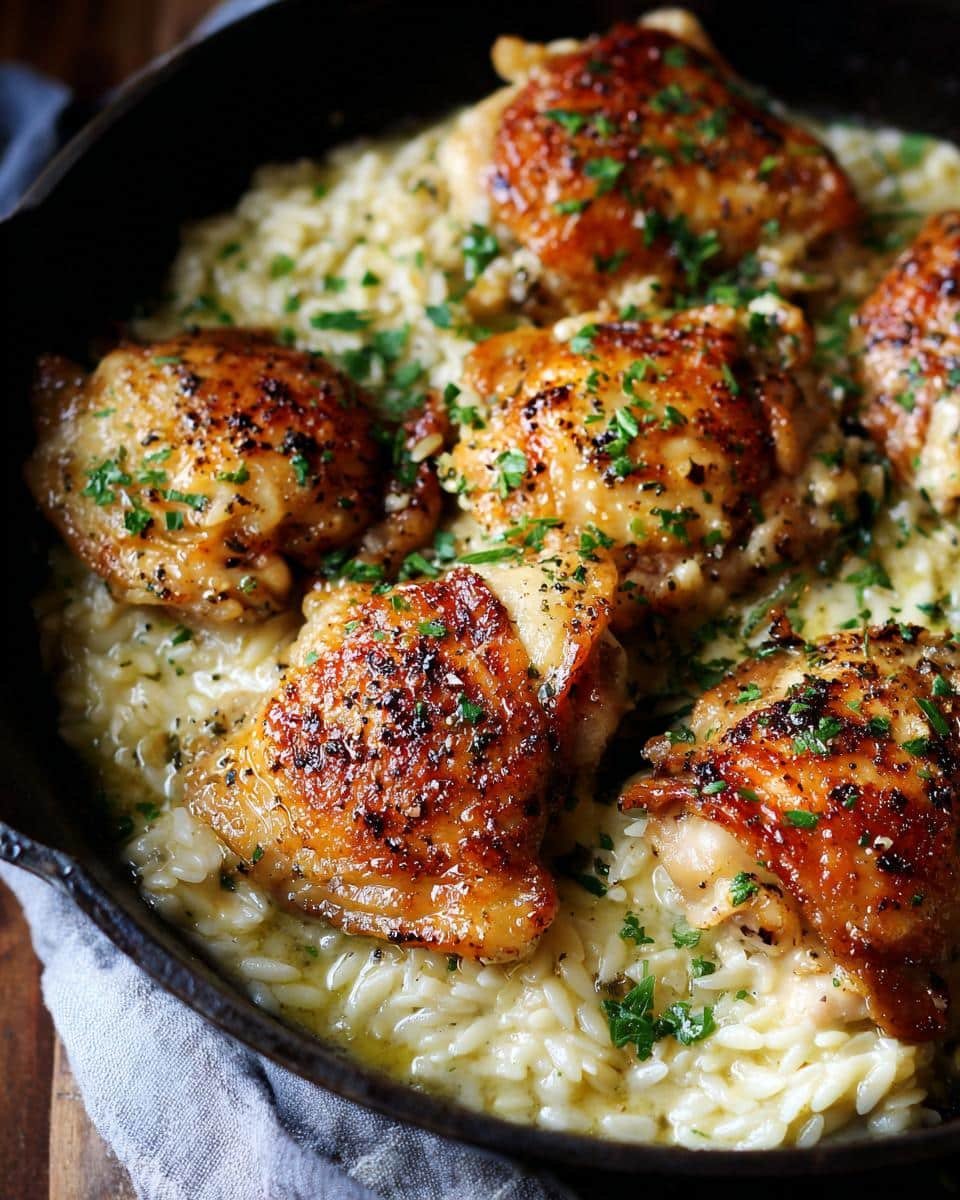 Chicken Thighs Creamy Lemon Garlic Orzo: 30-Minute Bliss 9 Close-up of Chicken Thighs Creamy Lemon Garlic Orzo in a cast iron pan, garnished with parsley.