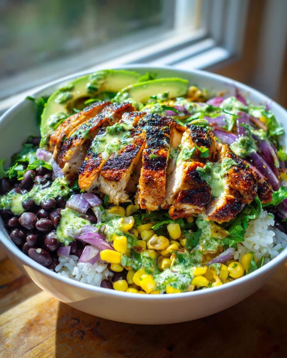 Amazing Chimichurri Grilled Chicken Bowl with Garlic Sauce 8 Close-up of a Chimichurri Grilled Chicken Bowl with Garlic Sauce, featuring grilled chicken, rice, beans, corn, and avocado.