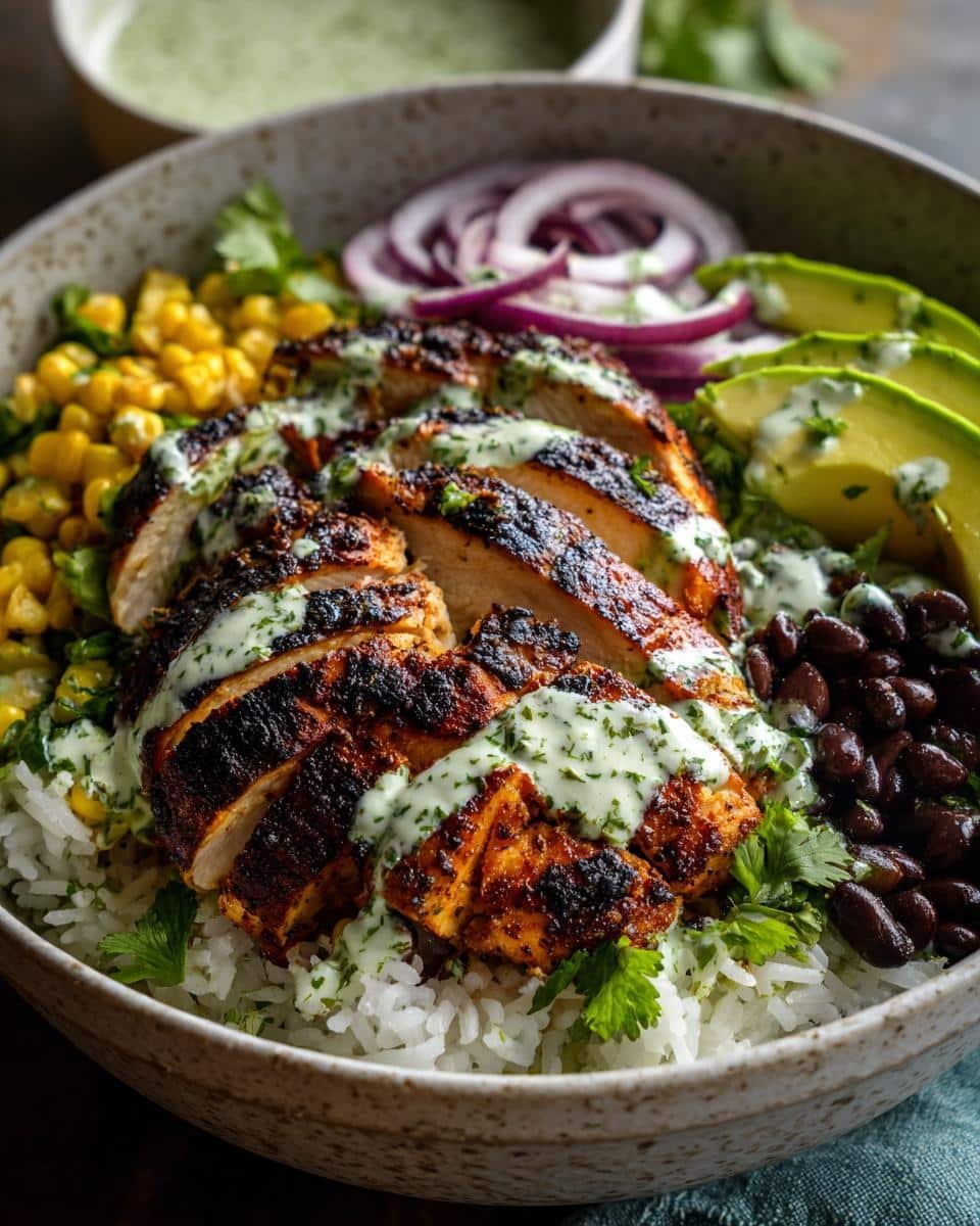 Amazing Chimichurri Grilled Chicken Bowl with Garlic Sauce 9 A vibrant Chimichurri Grilled Chicken Bowl with Garlic Sauce, featuring rice, corn, beans, avocado, and red onion.