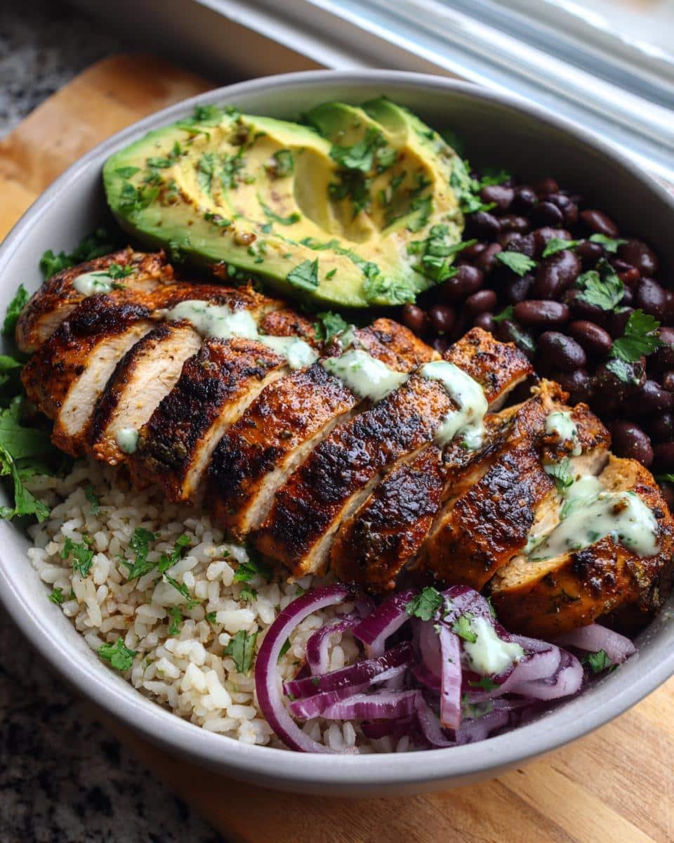 Chimichurri Chicken Bowl: Ditch Sad Bowls in 40 Minutes 6 A vibrant Chimichurri Grilled Chicken Bowl with Garlic Sauce, featuring sliced chicken, avocado, rice, beans, and red onion.