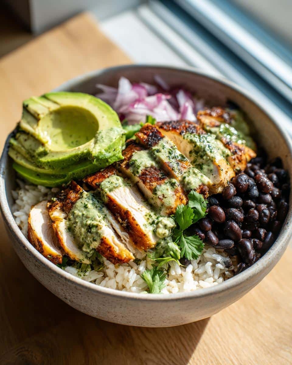 Chimichurri Chicken Bowl: Ditch Sad Bowls in 40 Minutes 7 Close-up of a Chimichurri Grilled Chicken Bowl with Garlic Sauce, featuring avocado, rice, black beans, and red onions.