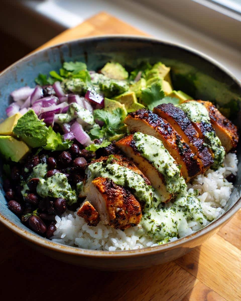 Chimichurri Chicken Bowl: Ditch Sad Bowls in 40 Minutes 9 A vibrant Chimichurri Grilled Chicken Bowl with Garlic Sauce, featuring rice, black beans, avocado, and red onion.