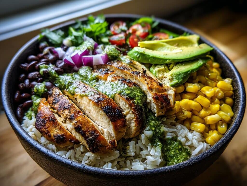 A vibrant Chimichurri Grilled Chicken Bowl with Garlic Sauce, featuring rice, chicken, beans, corn, avocado, and fresh greens.