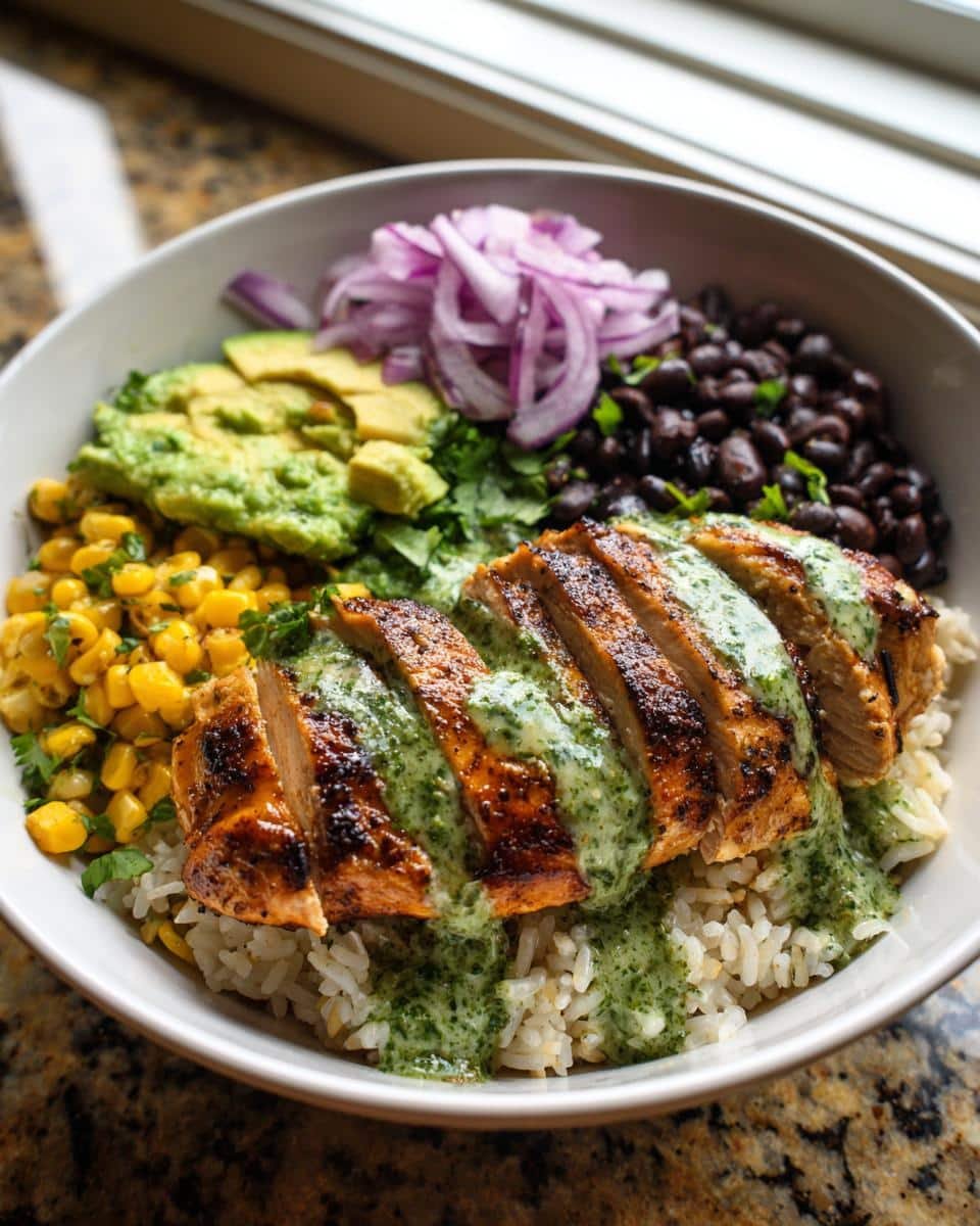 Amazing Chimichurri Grilled Chicken Bowl with Garlic Sauce 6 A delicious Chimichurri Grilled Chicken Bowl with Garlic Sauce, featuring rice, chicken, corn, beans, avocado, and red onion.