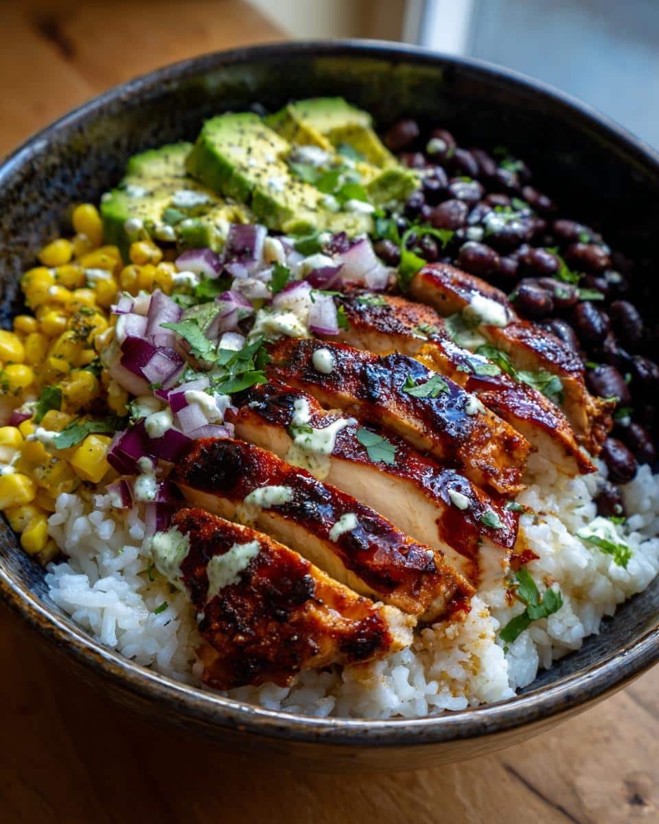 Amazing Chimichurri Grilled Chicken Bowl with Garlic Sauce 7 A vibrant Chimichurri Grilled Chicken Bowl with Garlic Sauce, featuring rice, corn, avocado, black beans, and red onion.