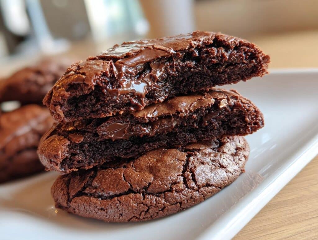 A stack of three Chocolate Brownie Cookies, the top one broken in half to show the melted chocolate inside.