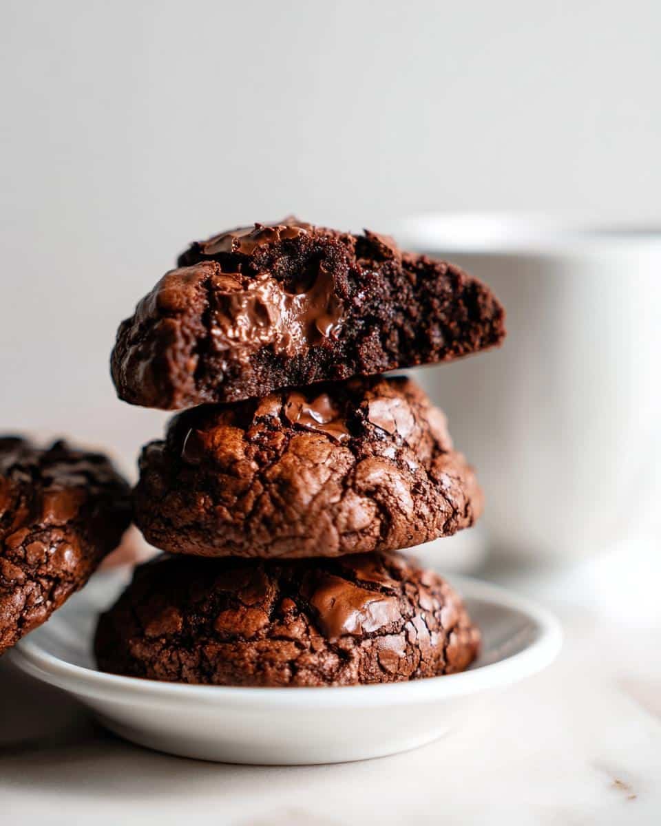 Irresistible Chocolate Brownie Cookies: 20+ Years Perfected 7 A stack of fudgy Chocolate Brownie Cookies on a white plate, the top cookie broken to reveal a gooey chocolate center.