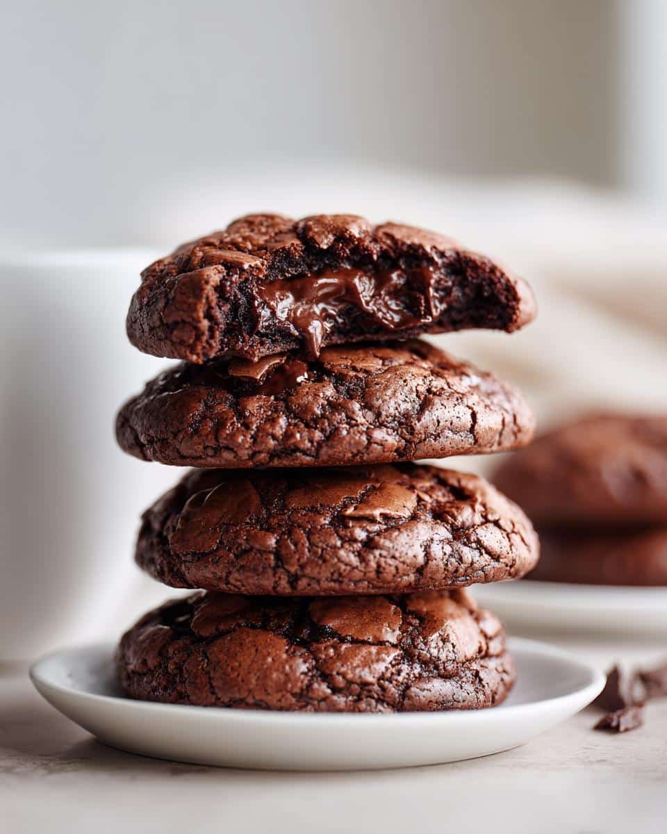 Irresistible Chocolate Brownie Cookies: 20+ Years Perfected 8 A stack of four fudgy Chocolate Brownie Cookies, the top one broken open to show the melted chocolate inside.