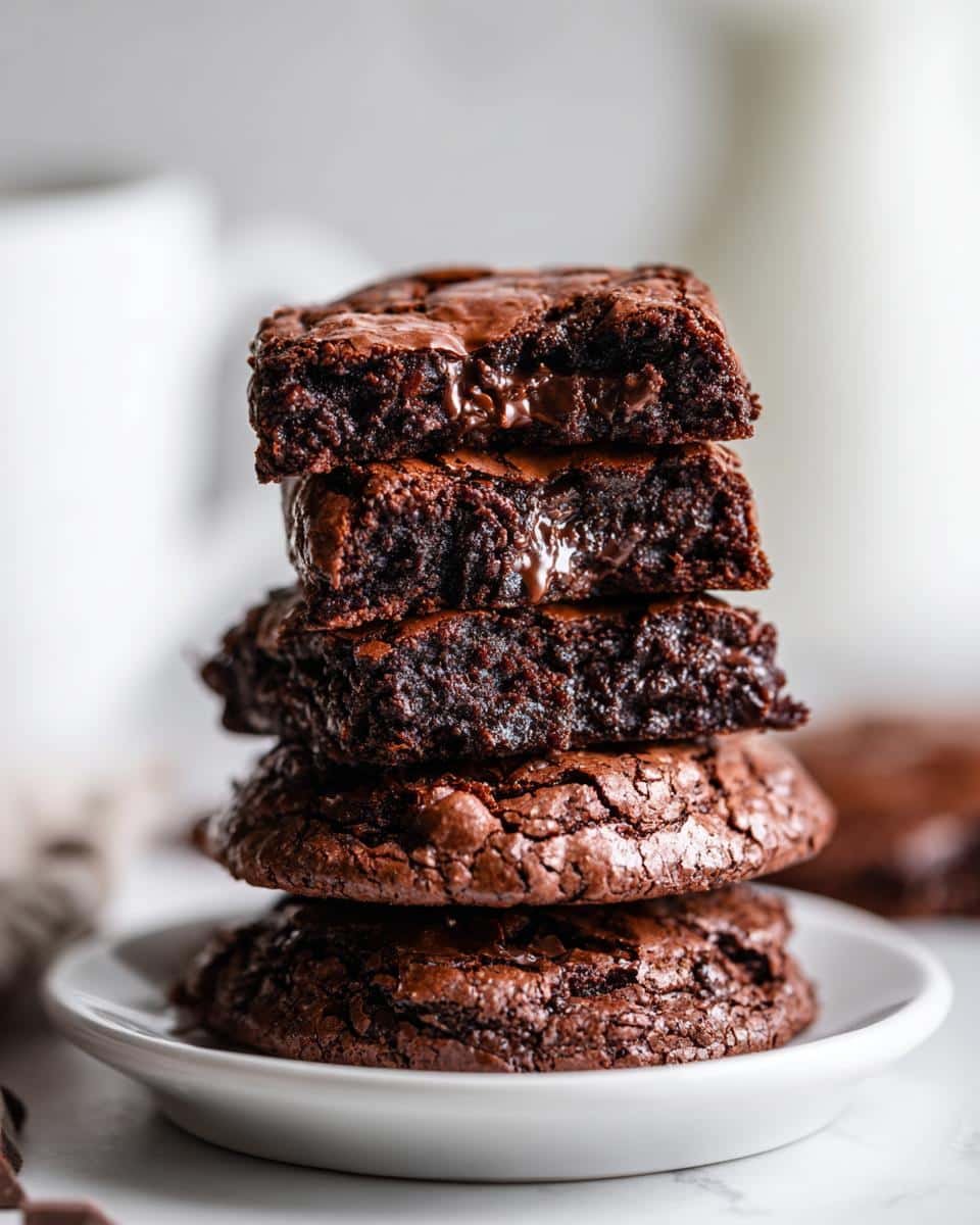 Irresistible Chocolate Brownie Cookies: 20+ Years Perfected 9 A stack of fudgy Chocolate Brownie Cookies on a white plate, showcasing their rich, dark chocolate texture.