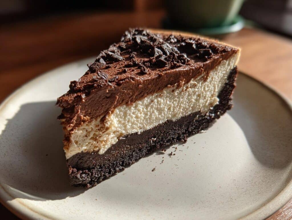 A slice of Chocolate Cottage Cheese Cheesecake with a chocolate crust, creamy filling, and chocolate topping.