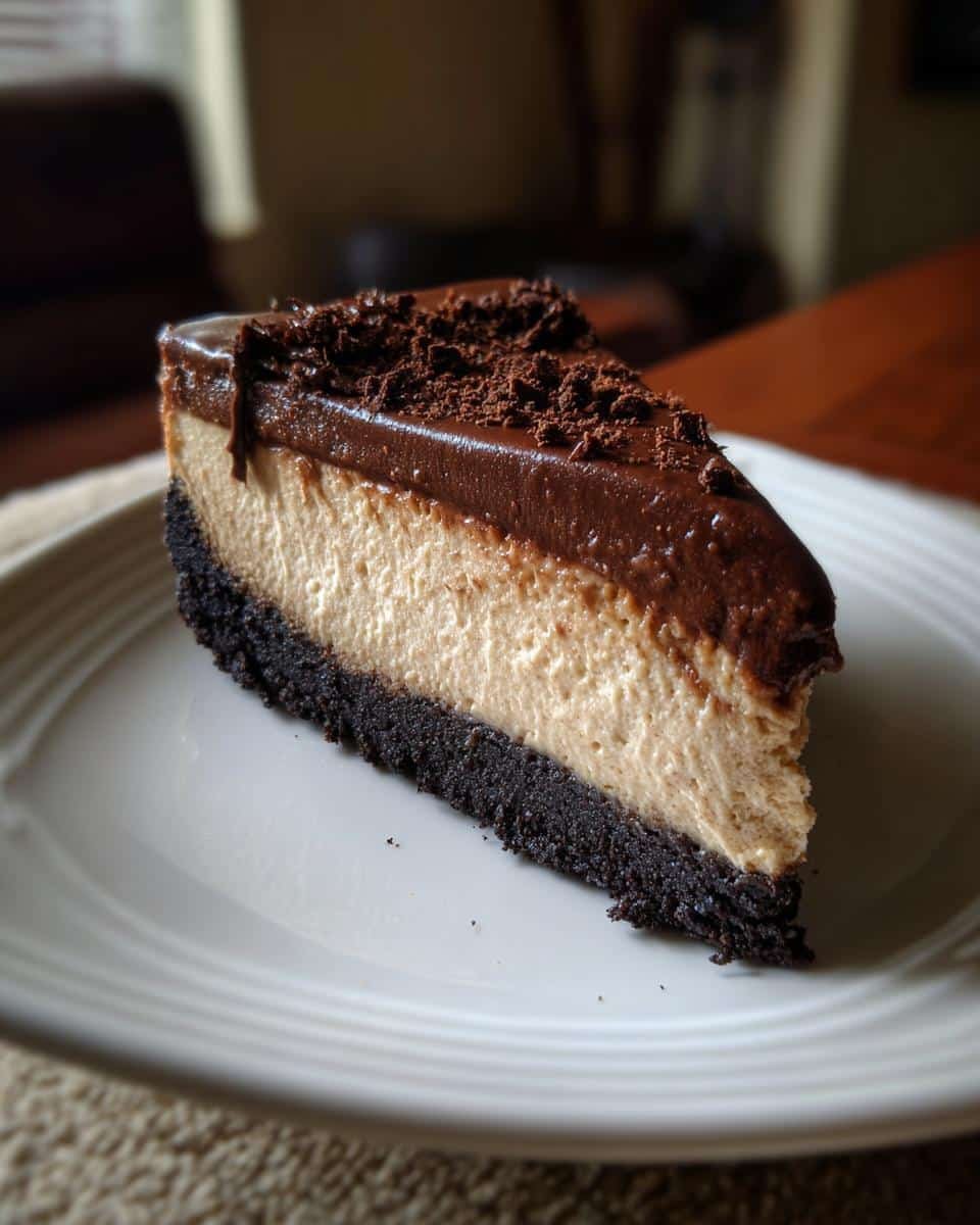 Chocolate Cottage Cheese Cheesecake: Deviously Delicious 6 A slice of Chocolate Cottage Cheese Cheesecake with a chocolate crust, creamy filling, and chocolate topping.