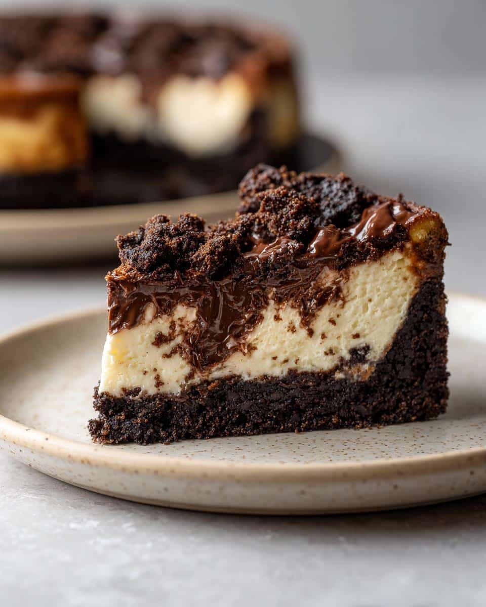 Chocolate Cottage Cheese Cheesecake: Deviously Delicious 7 A delicious slice of Chocolate Cottage Cheese Cheesecake with a chocolate crumb topping on a plate.