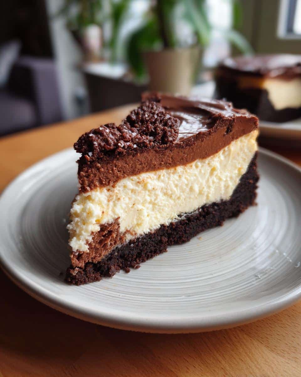 Chocolate Cottage Cheese Cheesecake: Deviously Delicious 8 A slice of Chocolate Cottage Cheese Cheesecake with a chocolate crust, creamy filling, and chocolate topping.