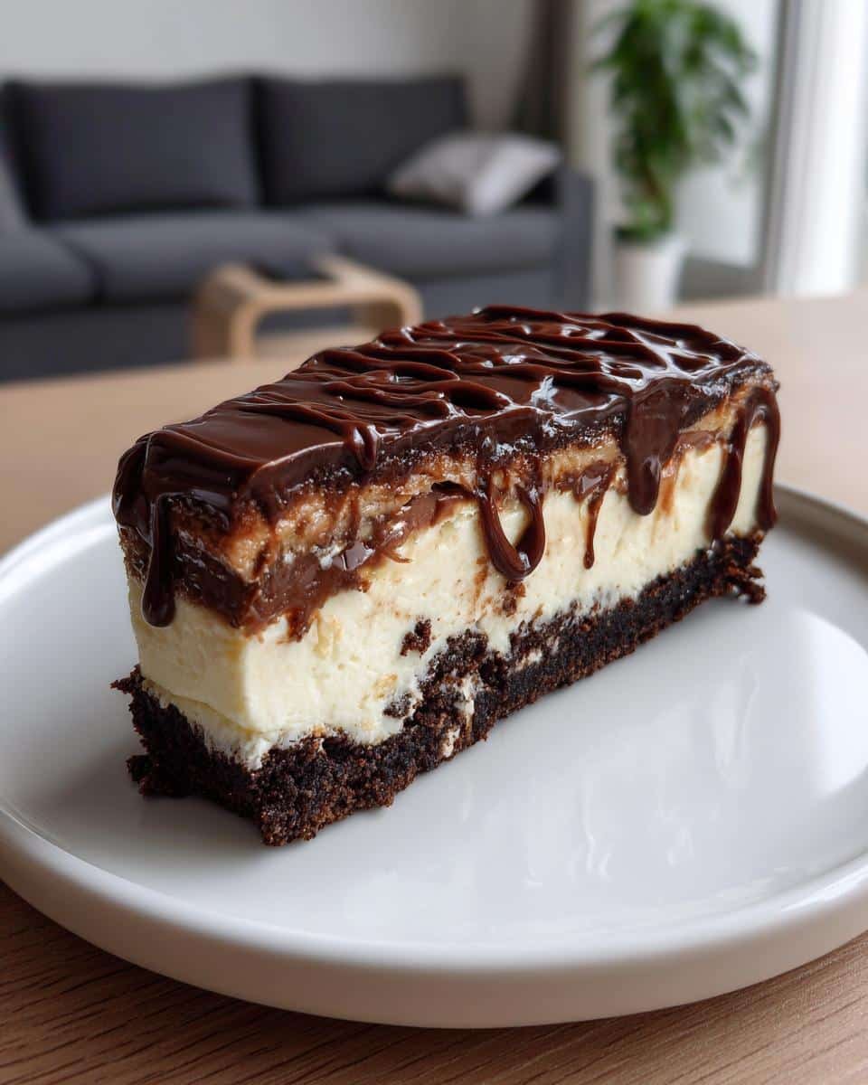 Chocolate Cottage Cheese Cheesecake: Deviously Delicious 9 A decadent slice of Chocolate Cottage Cheese Cheesecake with chocolate ganache on a white plate.