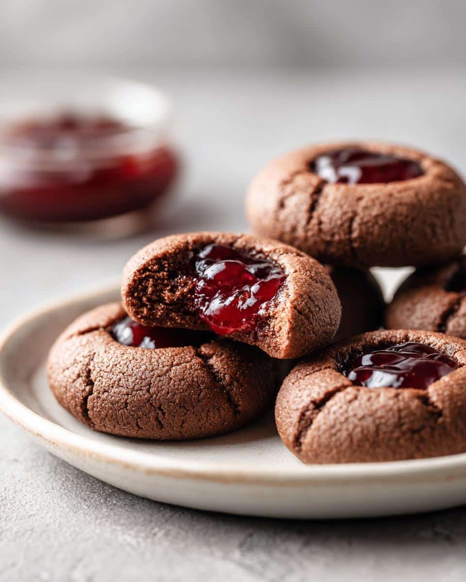 A stack of chocolate thumbprint cookies filled with bright red cherry jam, one with a bite taken out.