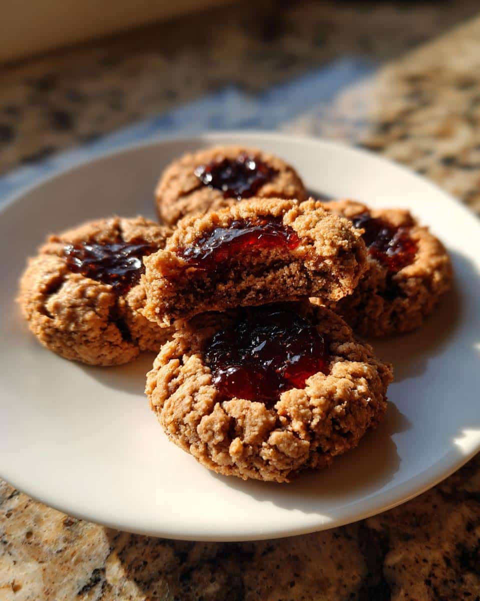 A plate of homemade Chocolate Thumbprint Cookies, one broken in half to show the jam filling.