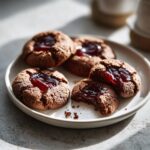 A plate of delicious Chocolate Thumbprint Cookies filled with bright red jam.