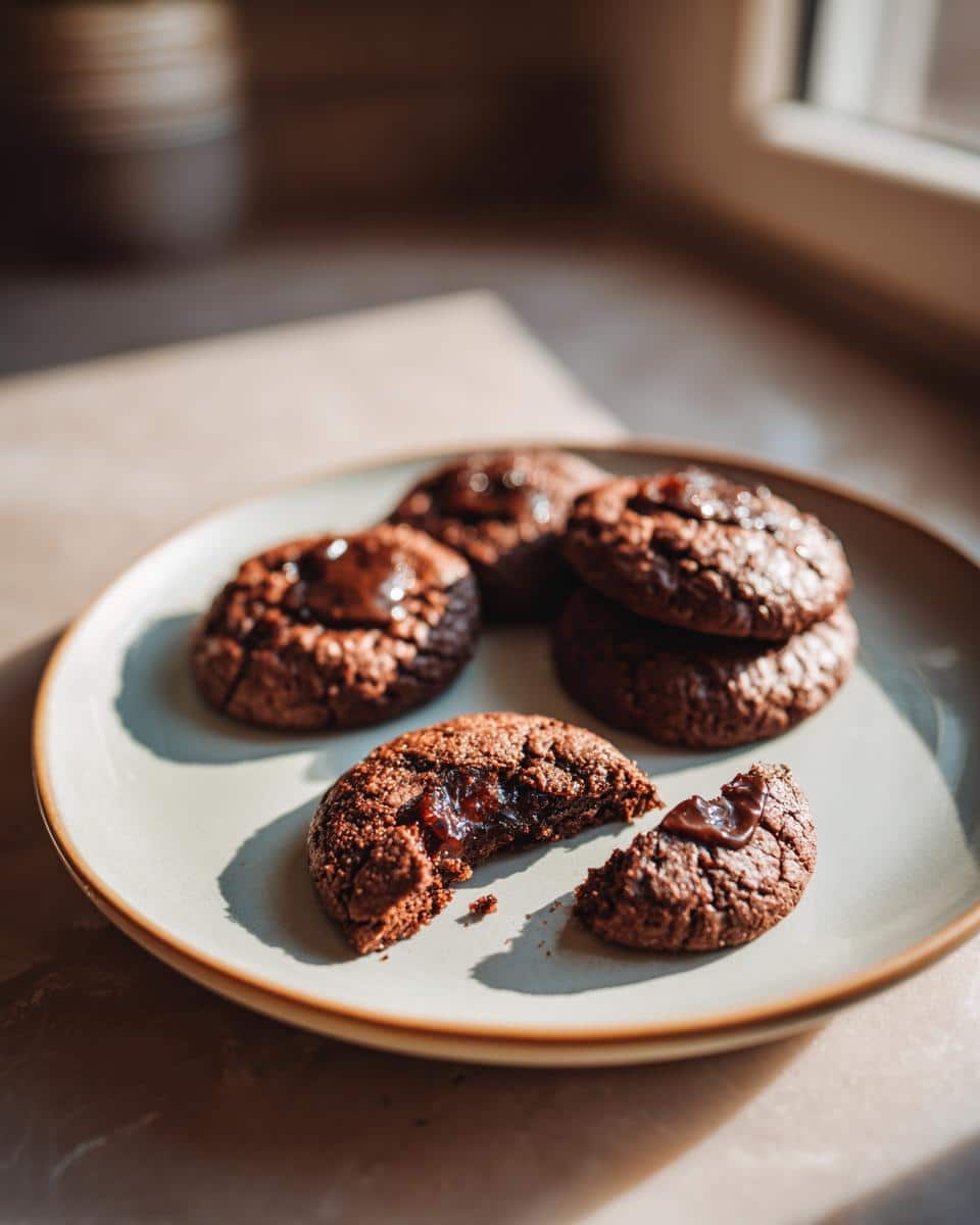 A plate of homemade Chocolate Thumbprint Cookies, one broken open to reveal the filling.