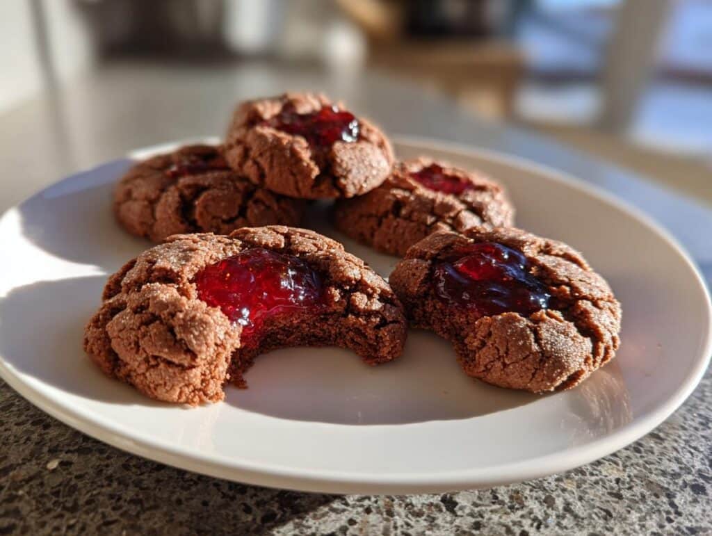 A plate of homemade Chocolate Thumbprint Cookies, one with a bite taken, filled with red jam.