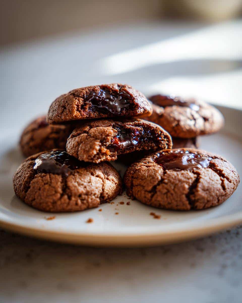 A stack of homemade Chocolate Thumbprint Cookies, one broken in half to show the filling.