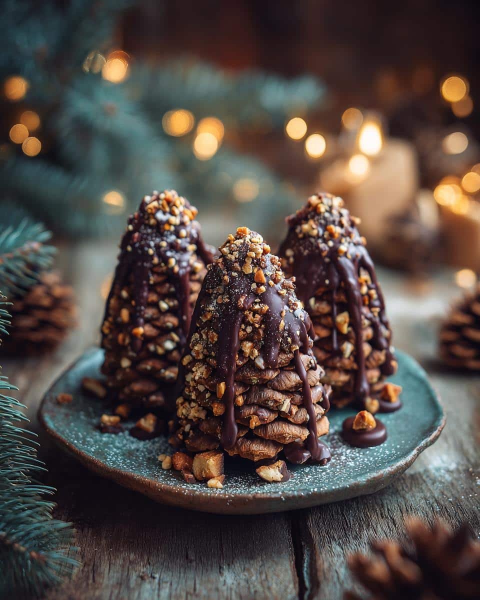 Easy Christmas Chocolate Pinecones: 6 Ingredients Only 8 Three Christmas Chocolate Pinecones decorated with nuts and chocolate drizzle on a rustic plate.