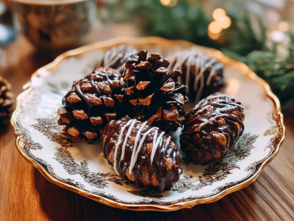 Festive Christmas Chocolate Pinecones drizzled with chocolate on a decorative plate.