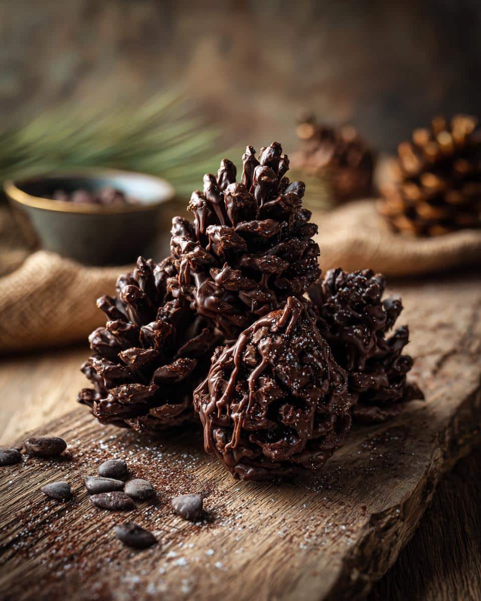Easy Christmas Chocolate Pinecones: 6 Ingredients Only 9 Three Christmas Chocolate Pinecones arranged on a rustic wooden board with chocolate chips.
