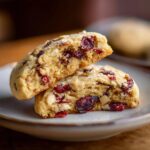 A halved Christmas Cranberry Orange Cookie displaying cranberries and white chocolate chips.