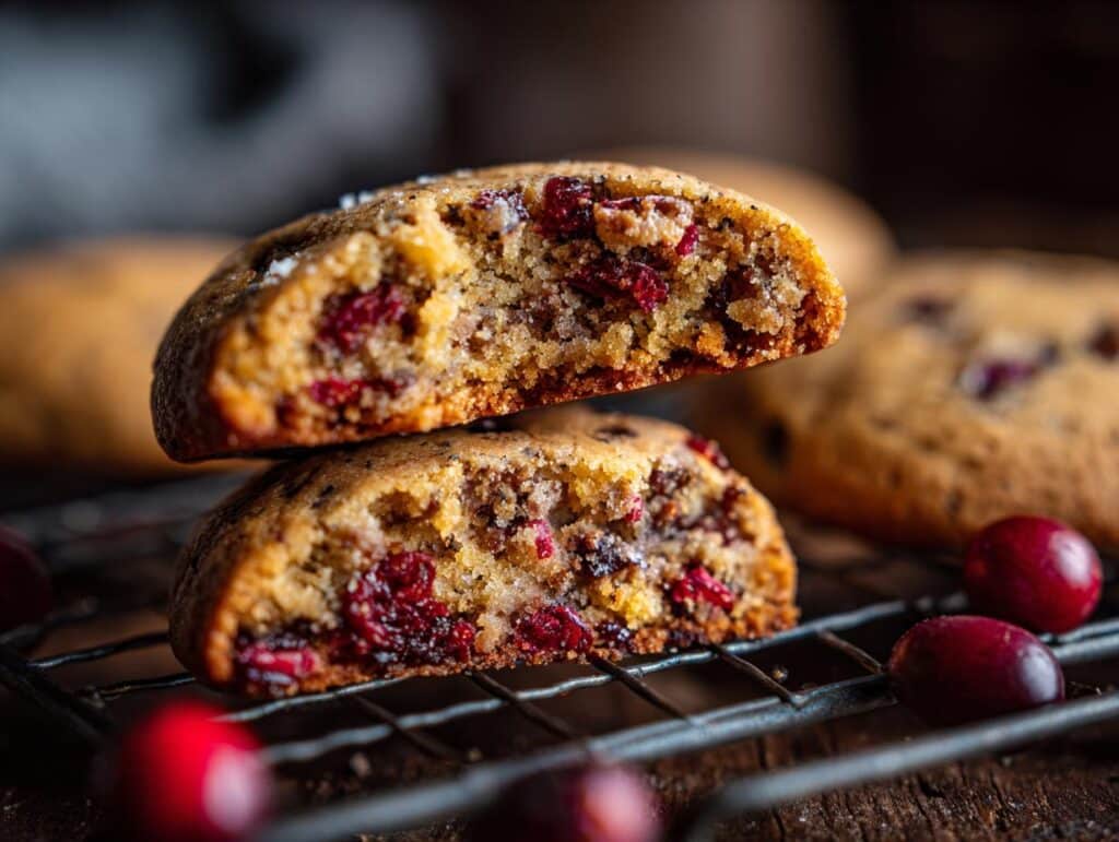 Stacked halves of Christmas Cranberry Orange Cookies on a wire rack, showcasing the texture and ingredients.