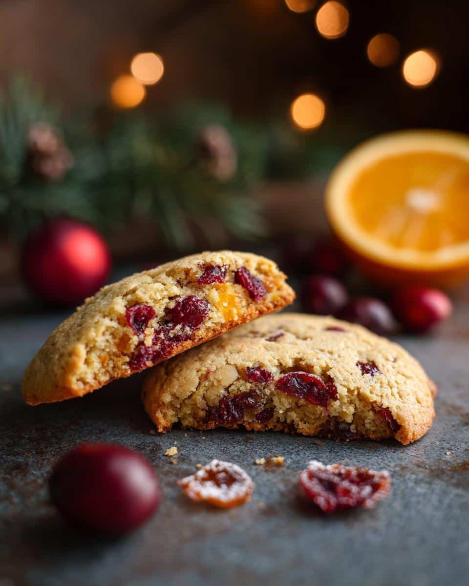 Christmas Cranberry Orange Cookies: 8 Blissful Steps 9 Two Christmas Cranberry Orange Cookies, one broken to show the inside, with festive decorations.