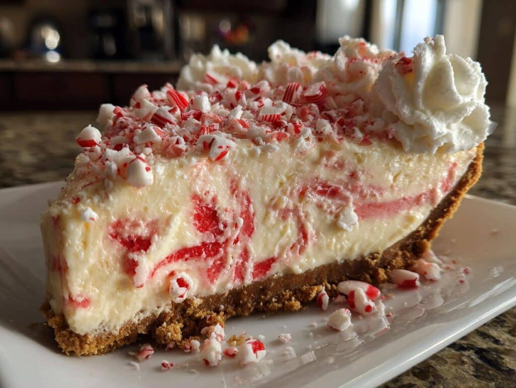 A slice of Christmas Peppermint Pie with a graham cracker crust, peppermint swirls, whipped cream, and crushed peppermint candy.