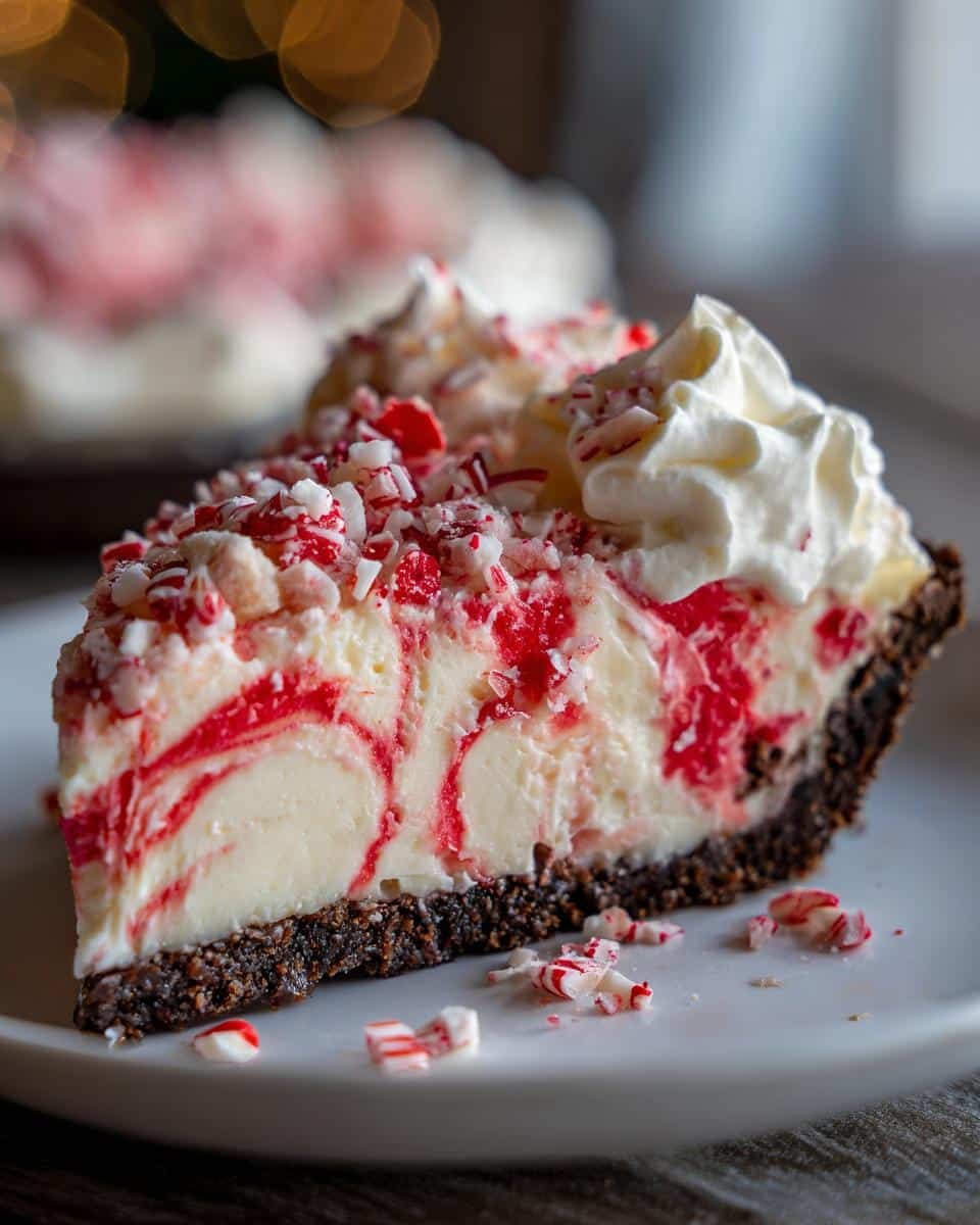 Easy Christmas Peppermint Pie Recipe: 4-Step Holiday Win 7 A slice of Christmas Peppermint Pie with a chocolate crust, peppermint swirl filling, whipped cream, and candy cane pieces.