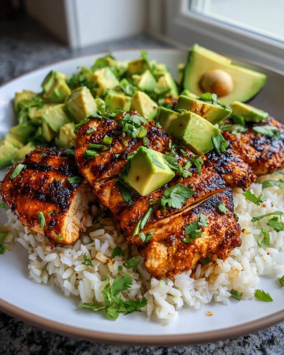Zesty Cilantro Lime Chicken: 40-Minute Flavor Bomb 6 Zesty Cilantro Lime Chicken with Avocado and Jasmine Rice, garnished with cilantro.