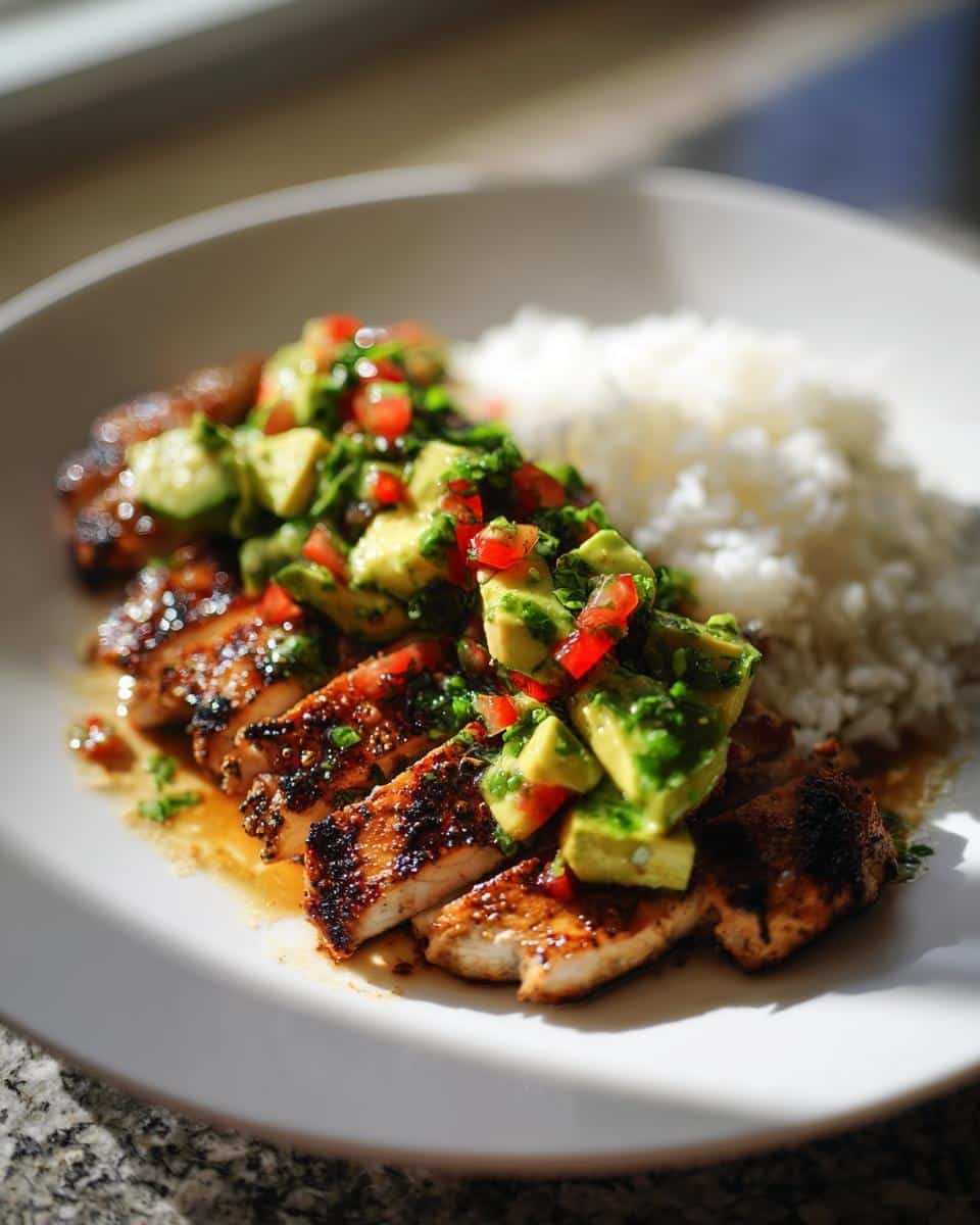 Zesty Cilantro Lime Chicken: 40-Minute Flavor Bomb 8 A plate of zesty cilantro lime chicken topped with avocado salsa, served with fluffy jasmine rice.