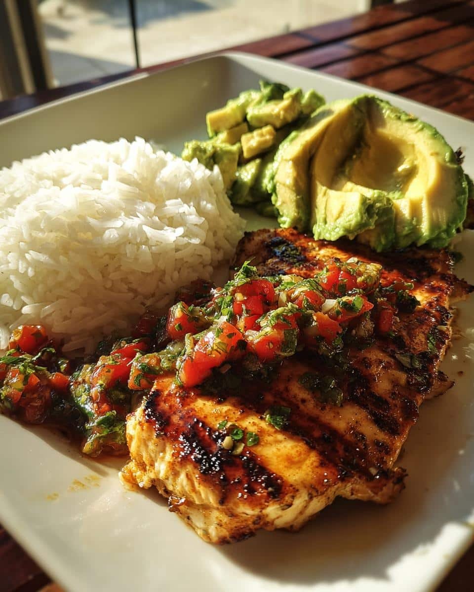 Zesty Cilantro Lime Chicken: 40-Minute Flavor Bomb 9 Plate of zesty cilantro lime chicken, avocado slices, and jasmine rice. Grilled chicken topped with salsa.