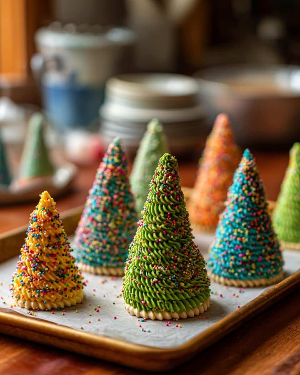 Fail-Proof Meringue Trees Recipe: Zero Cracks Guaranteed 9 Festive meringue trees in various colors decorated with sprinkles, arranged on a baking sheet. Meringue Trees recipe.
