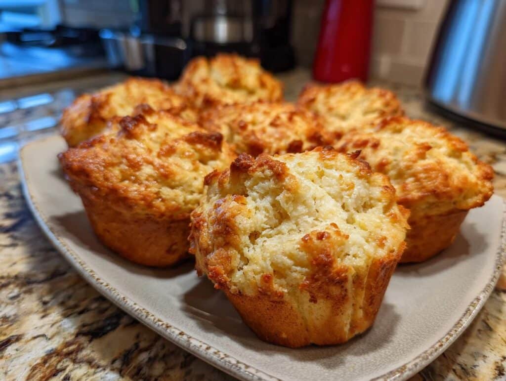 A plate of golden brown Cottage Cheese Blender Muffins, fresh from the oven.