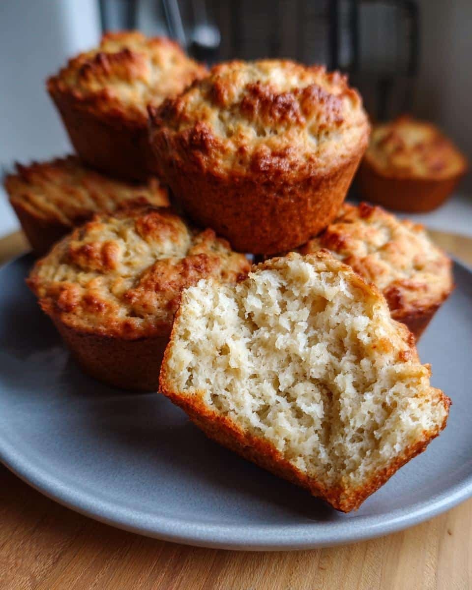 Astonishing Cottage Cheese Blender Muffins in 20 Minutes 7 A stack of golden Cottage Cheese Blender Muffins on a plate, with one muffin broken open to show the inside texture.