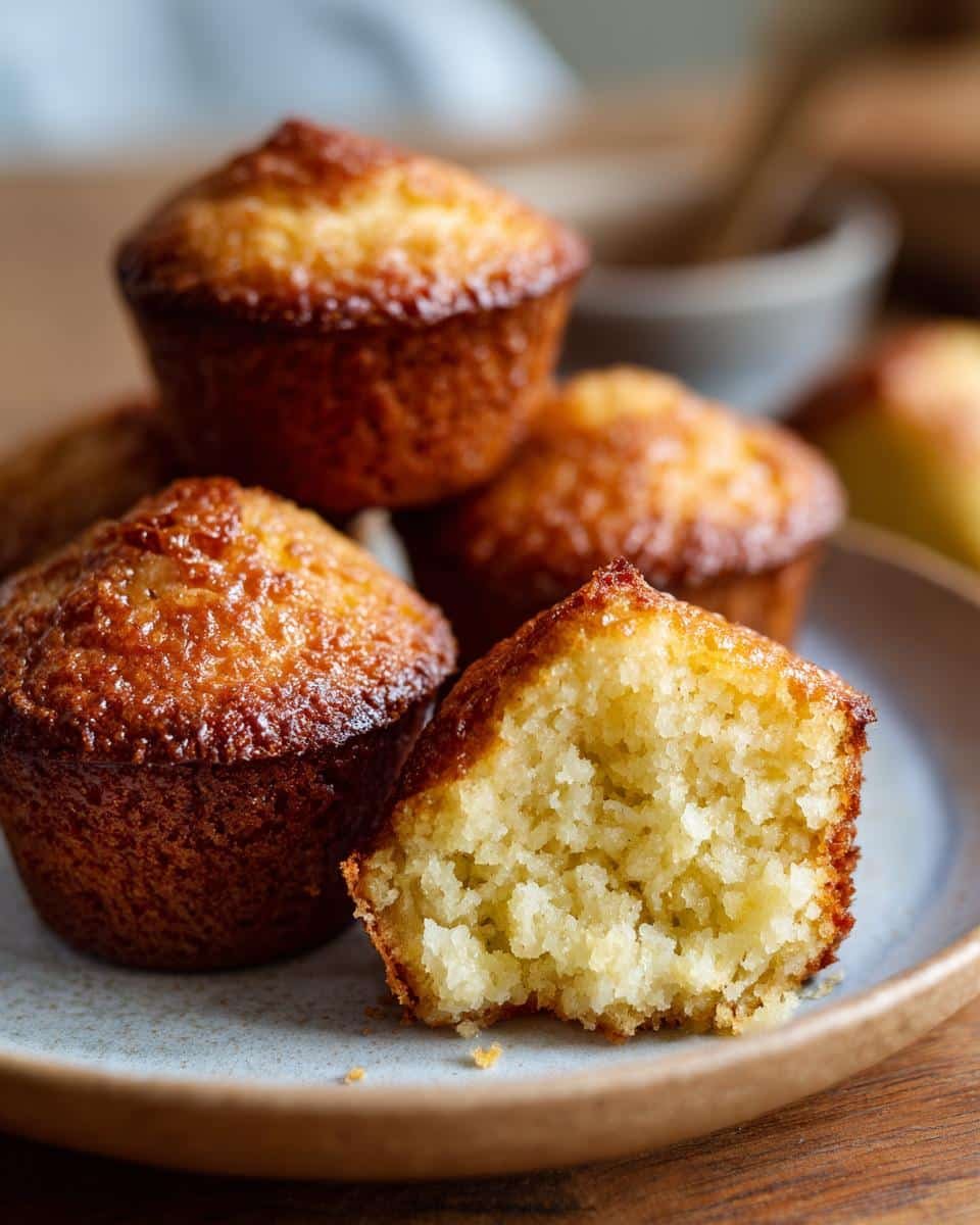 Astonishing Cottage Cheese Blender Muffins in 20 Minutes 9 A stack of golden Cottage Cheese Blender Muffins on a plate, one muffin broken open to show the texture.