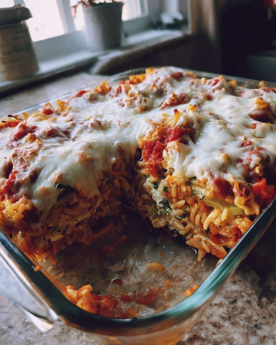 Disgustingly Easy Cottage Cheese Veggie Pasta Bake Recipe 7 A delicious Easy Cottage Cheese Veggie Pasta Bake in a glass baking dish, topped with melted cheese.