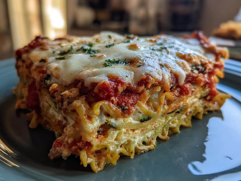 A slice of Easy Cottage Cheese Veggie Pasta Bake, showcasing layers of pasta, vegetables, tomato sauce, and melted cheese.