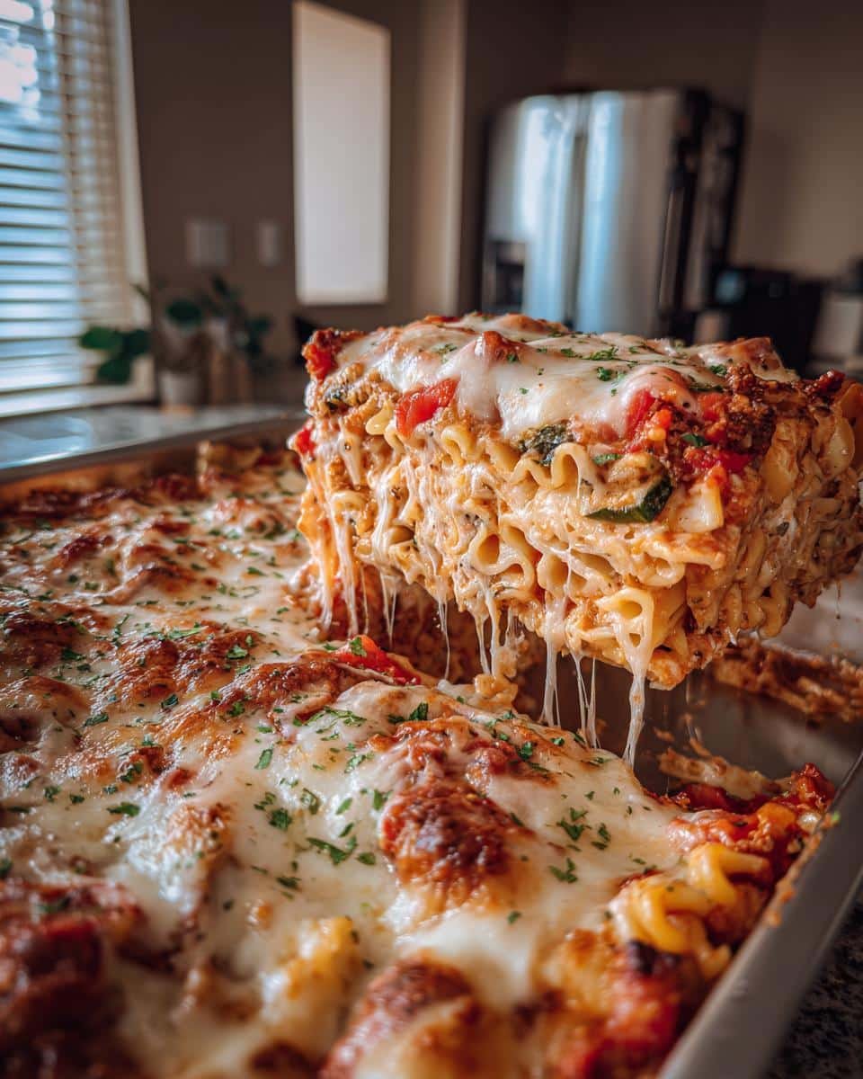 Disgustingly Easy Cottage Cheese Veggie Pasta Bake Recipe 9 A slice of Easy Cottage Cheese Veggie Pasta Bake is lifted from the pan, showing melted cheese and pasta layers.